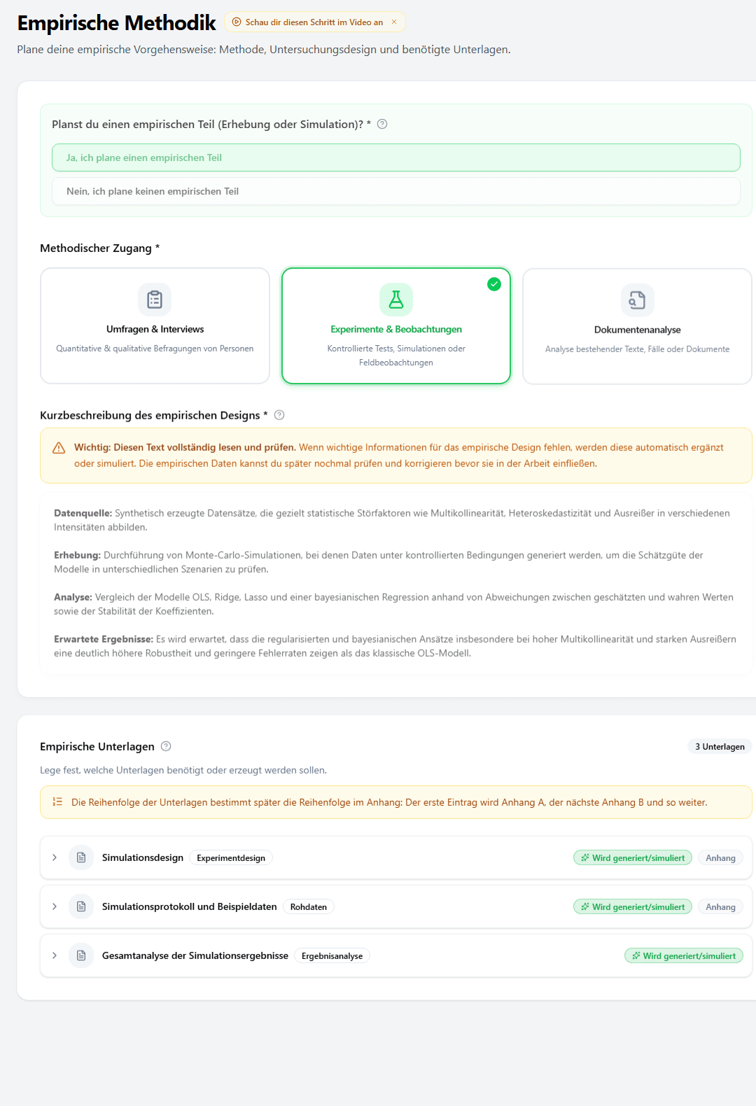 StudyTexter Methodikbereich für empirische Anforderungen