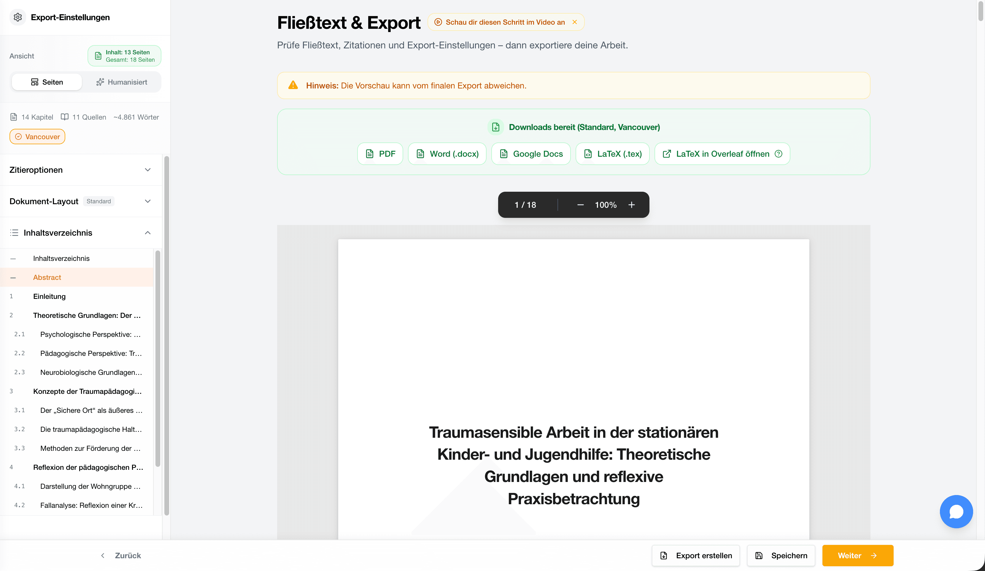 StudyTexter Oberfläche als Ausgangspunkt für den finalen Export